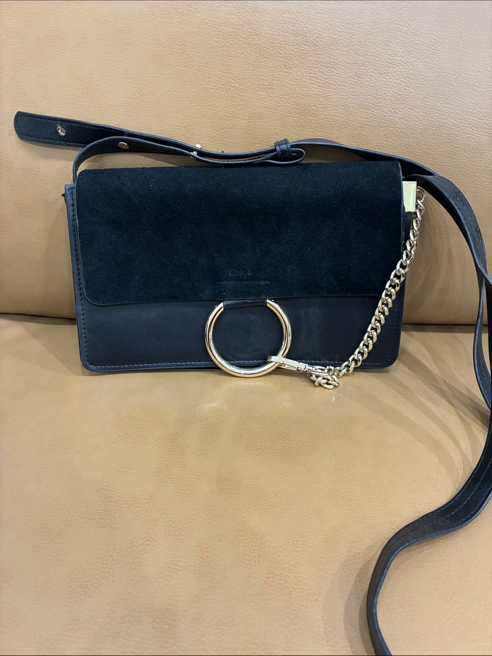 Chloe Black Suede & Leather Crossbody with Gold Ring